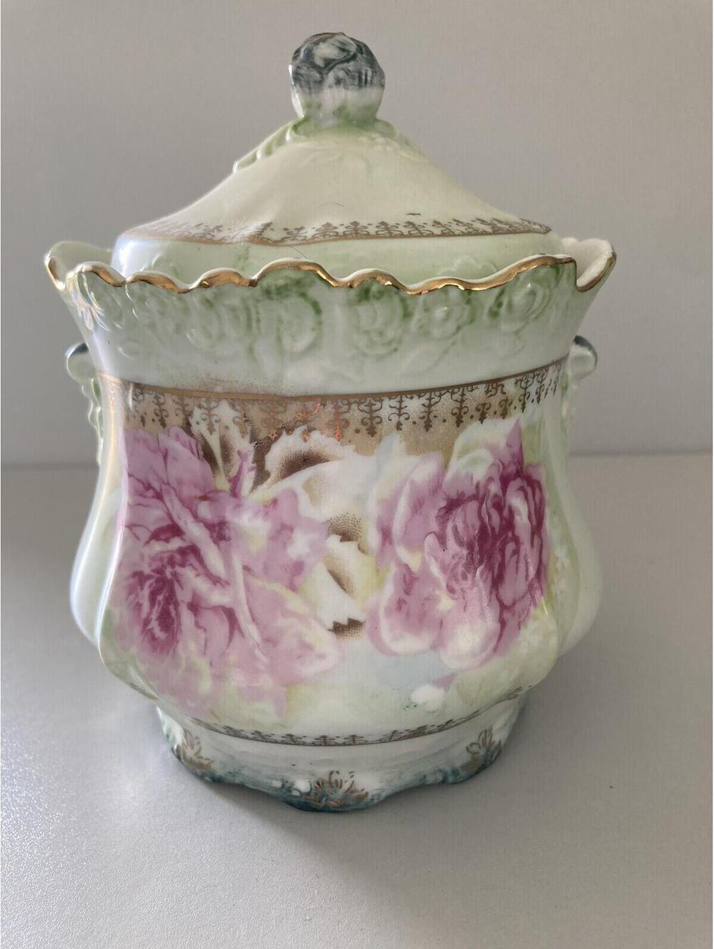 Vintage Nippon Hand Painted Biscuit Jar with Lid with Pink Florals (1891-1921)
